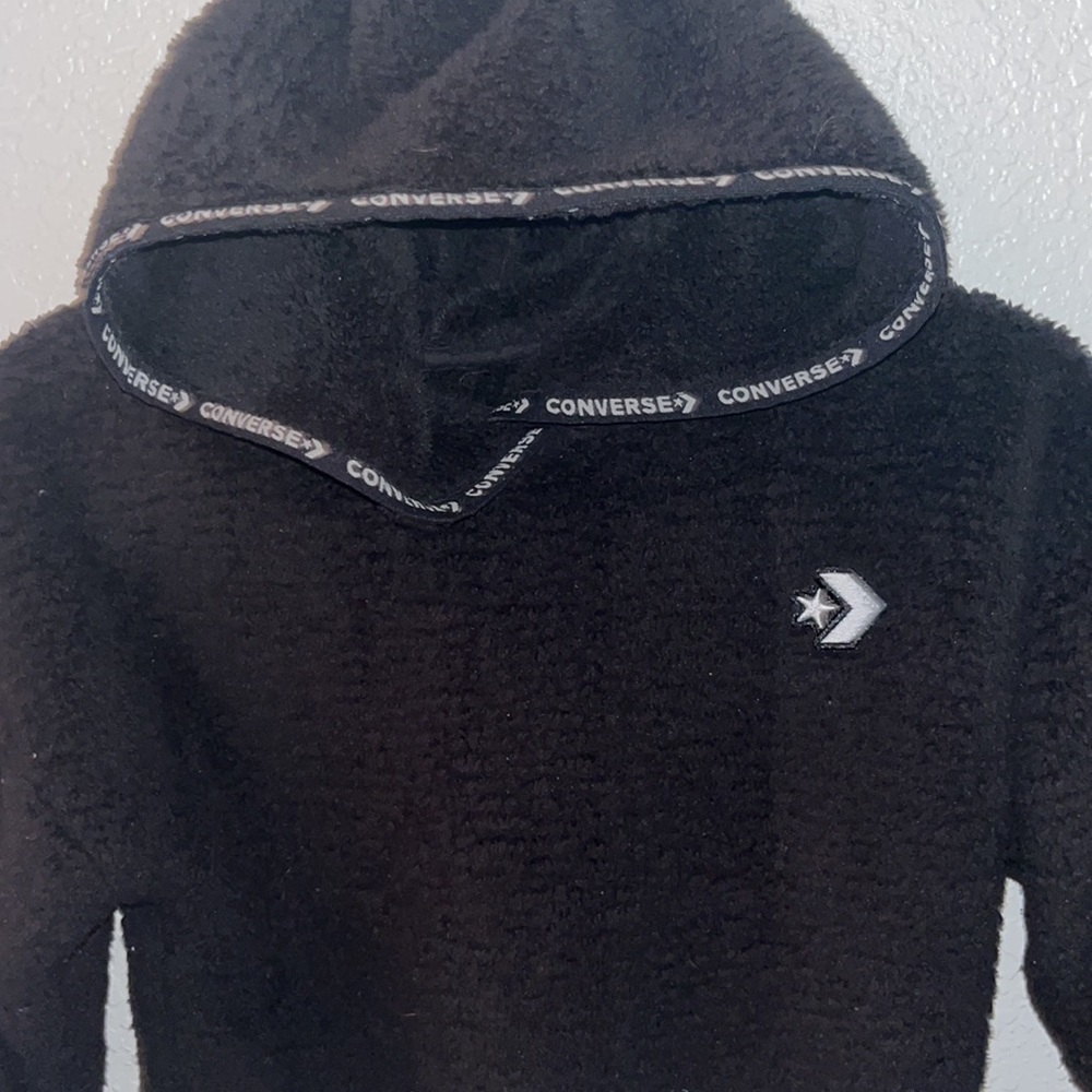 Converse black sherpa fleece cropped hooded pullover sweatshirt size girls 10-12 - Picture 2 of 4